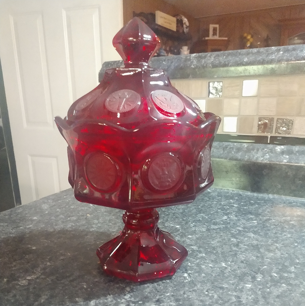Fostoria Ruby Coin Glass footed candy dish